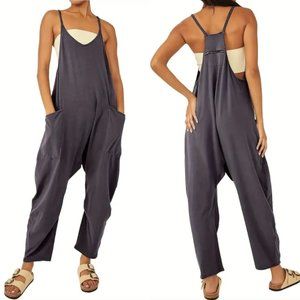 Wide Leg Baggy Jumpsuit One Piece Cold Shoulder Cotton Linen Bib Gray XXL/14 NEW